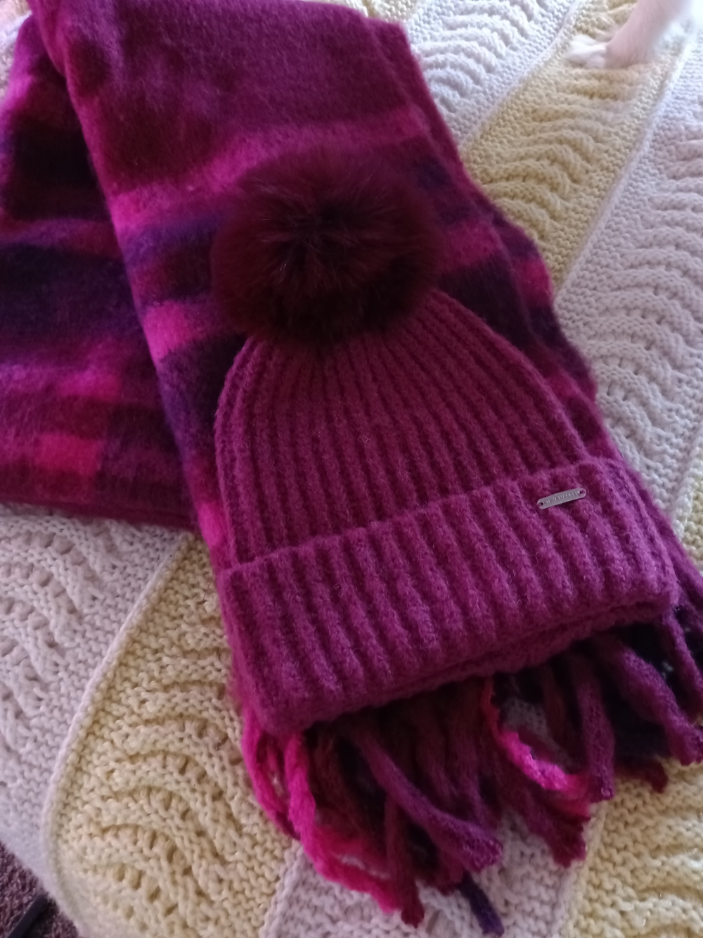 Steve Madden Berry Pink Pom Beanie and Scarf Set